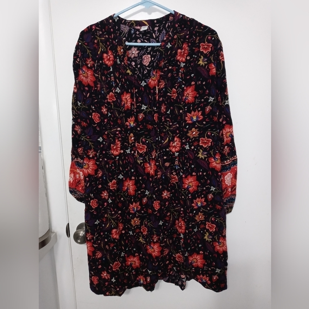 Old Navy Floral Boho Long Sleeve Pleated Smock Dress W Ties At V Neck LG